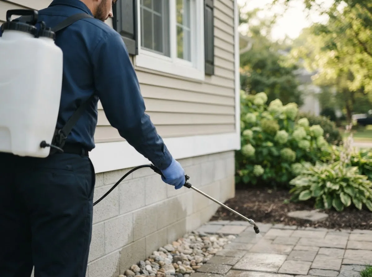 Pest control technician inspecting a home in Marthasville, MO